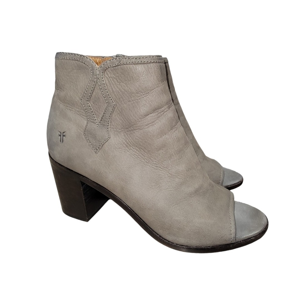 FRYE Boots Women 9.5M Gray Nubuck Leathe Ankle Bootie Danica Peep‎ Toe Heel Shoe